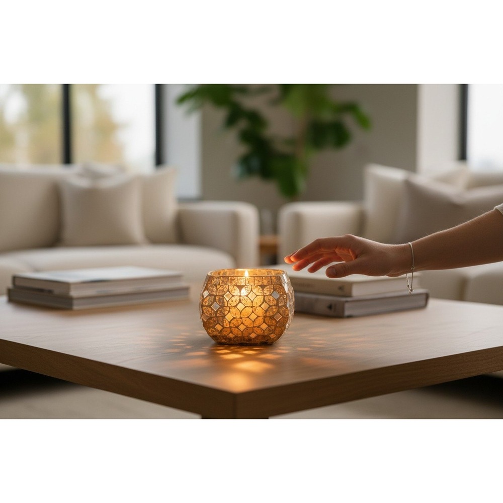 Nicole Miller Home Candle Holder Unisex OS Gold Brand New Mosaic Glass Tea Light